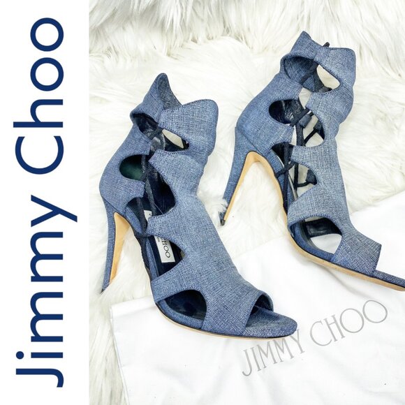 JIMMY CHOO BLUE DENIM LUCKY PEEP TOE HEELS CUT OUT DETAIL, EU 37 - Picture 2 of 12